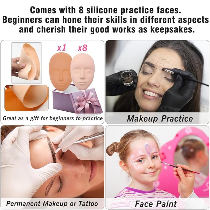 Silicone Makeup Practice Face, 8 Makeup Mannequin Face, 1 Makeup Practice Face Board for Beginner to Training or Practice Make up, Face Paint, Permanent Makeup, Tattoo, Art Creation (Set2)-Velvo Beauty