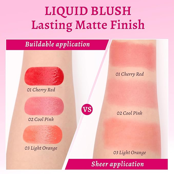 UCANBE 3PCS Liquid Blush Makeup Set – Dewy Cream Cheek Tint for Face – Blendable Long-Lasting Lightweight Natural Flushed Look (Cherry Red, Cool Pink, Light Orange)-Velvo Beauty