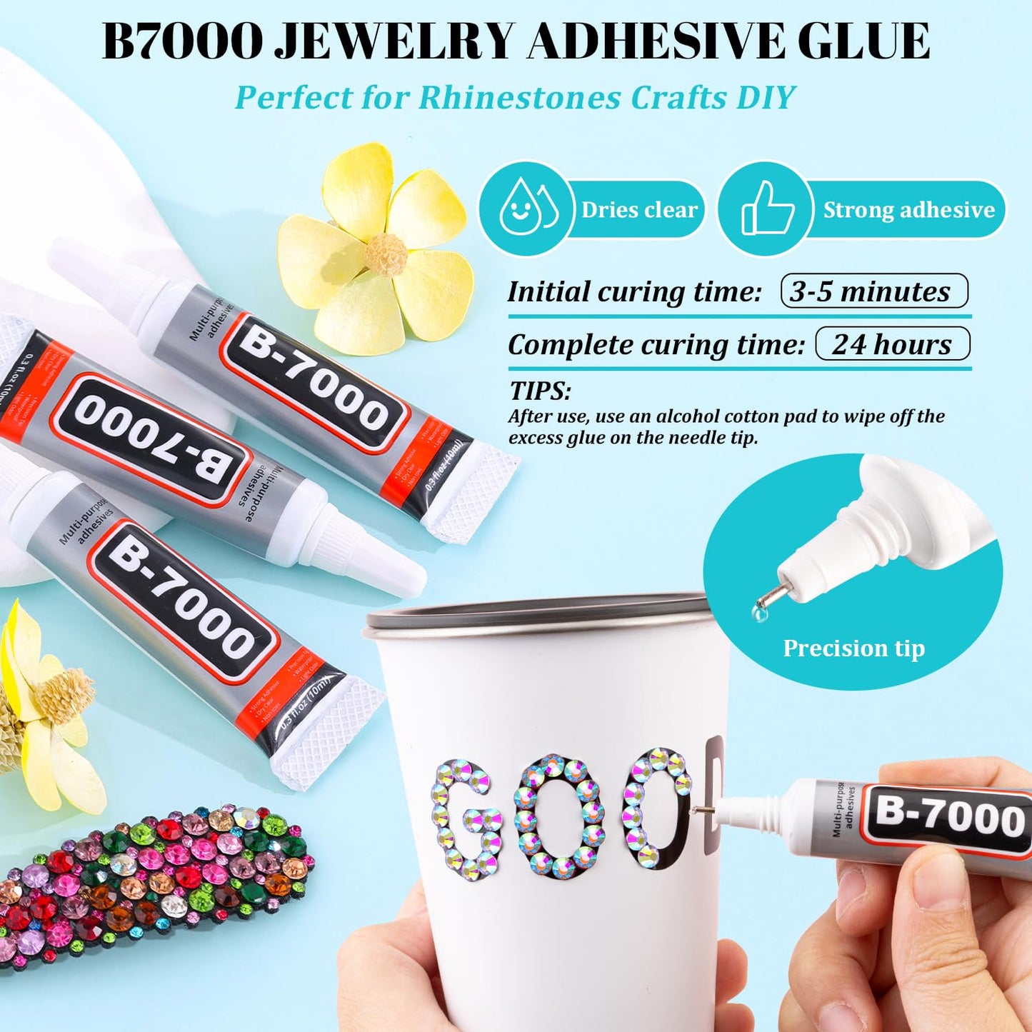 6100Pcs Jelly Resin Rhinestones for Crafting with 2Pcs 10ml B7000 Jewelry Glue, 1 Box Flatback Crystals Diamond (Clear AB) for Bedazzling Crafts DIY Nail Art Non Hotfix Gems for Clothing Shoes-Velvo Beauty