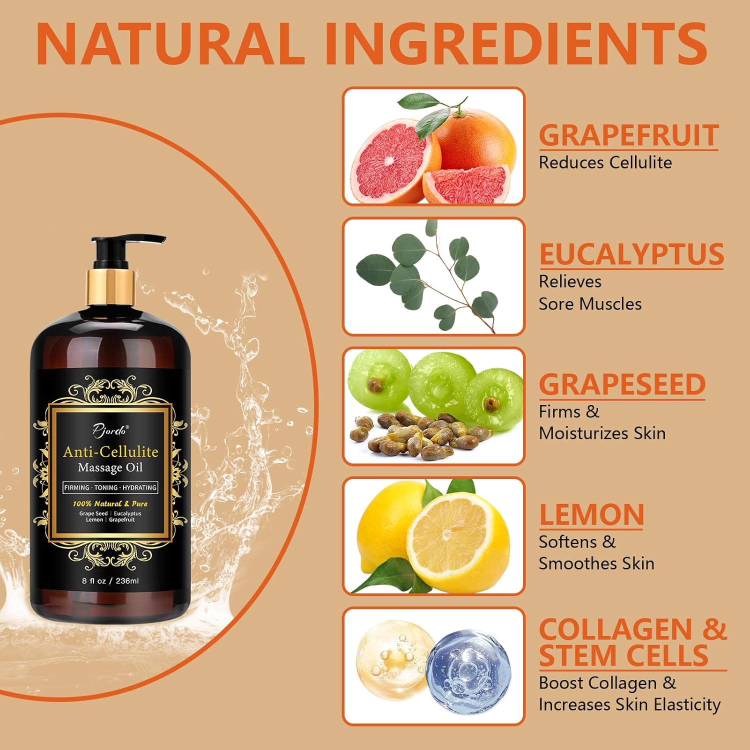 Anti Cellulite Massage Oil & Hot Cream Set with Massager, Natural Cellulite Remover, Oil & Massager for Legs Arms and Butt, Firm, Tighten & Moisturize Skin Soothes Muscles (8 Fl Oz)-Velvo Beauty