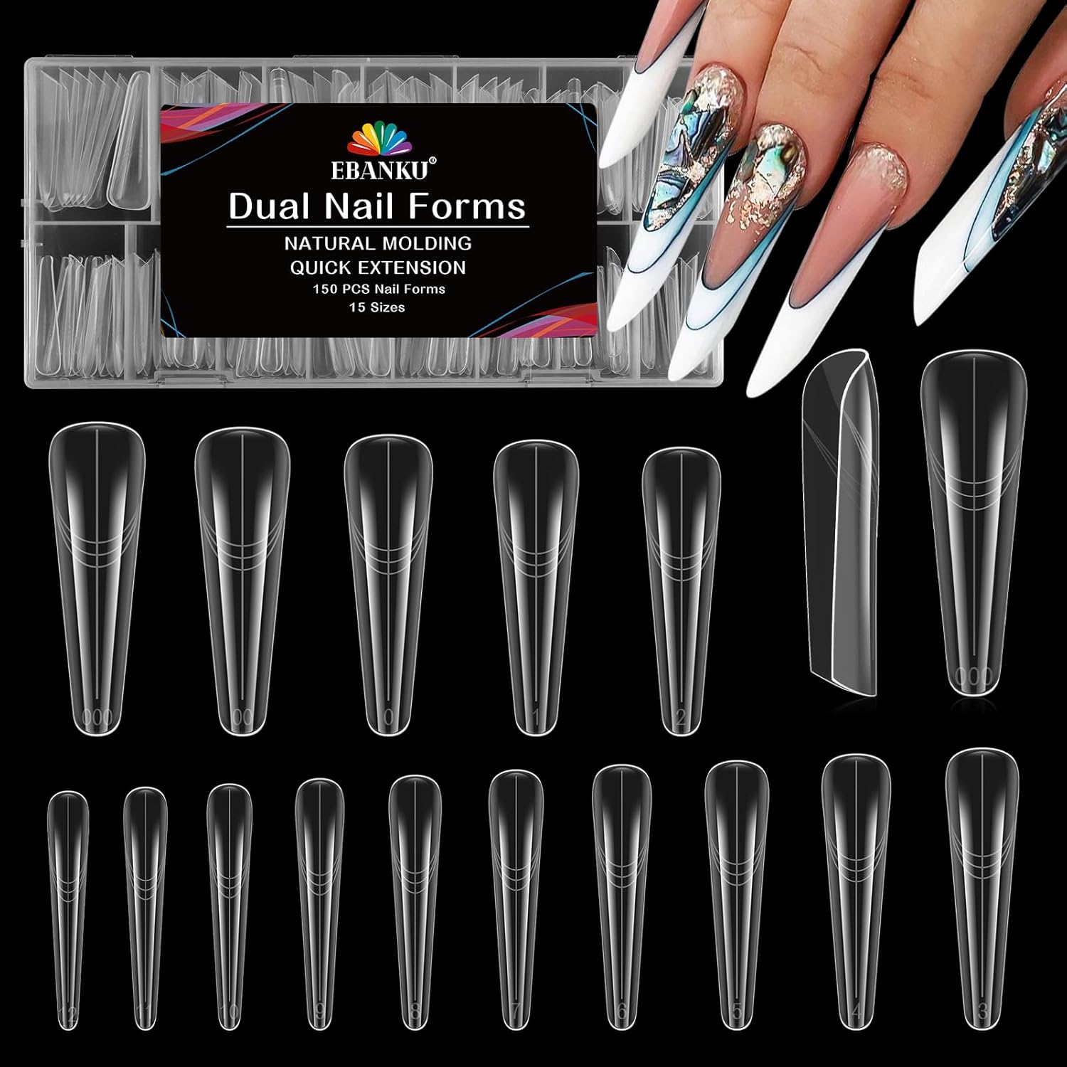 EBANKU Dual Nail Forms for Poly Extension Gel, 150 PCS Clear Coffin Nail Molds Reusable 15 Sizes Nail Extension Forms for Builder Gel Manicure Design Salon DIY-Velvo Beauty