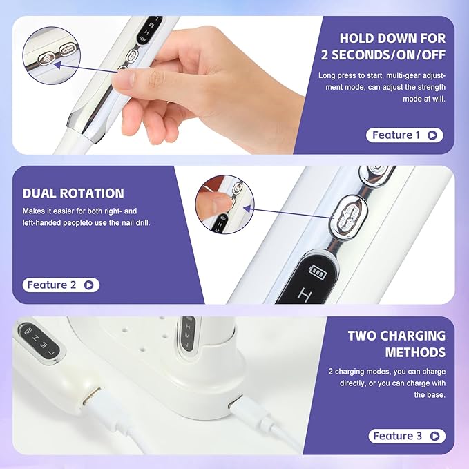 Electric Nail Drill File Cordless,Portable Rechargeable Nail File Kit for Acrylic & Gel Nails,Professional Efile for Manicure Pedicure Polishing,with 12 Nail Drill Bits 31 Sanding Bands,White-Velvo Beauty