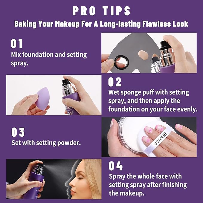 UCANBEMAKUP Long Lasting Makeup Setting Spray Kit- 6.76 Fl oz Hydrating Matte Finish Mist Lightweight Face Make up Fixer +Translucent Loose Setting Powder+2PC Sponge Puff Set-Velvo Beauty