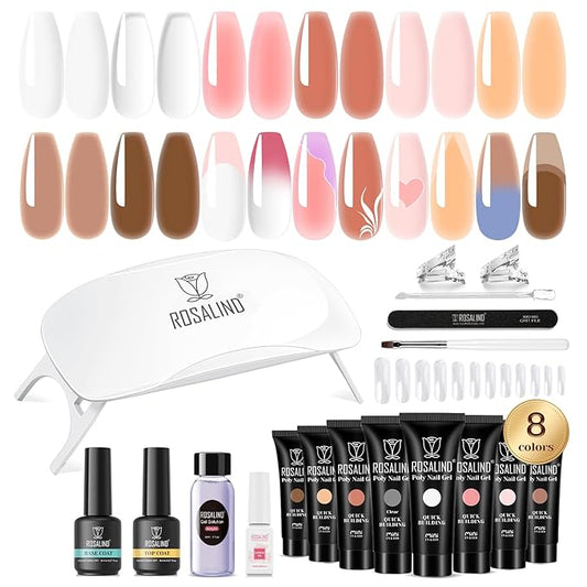 ROSALIND Poly Nail Gel Kit -8 Colors + Nail Art Accessories Kit Neon Poly Nails Gel Kit Starter Kit With Slip Solution Pro Clear Bright Colors Nail Extensions Gel Set with Mini UV Lamp-Velvo Beauty