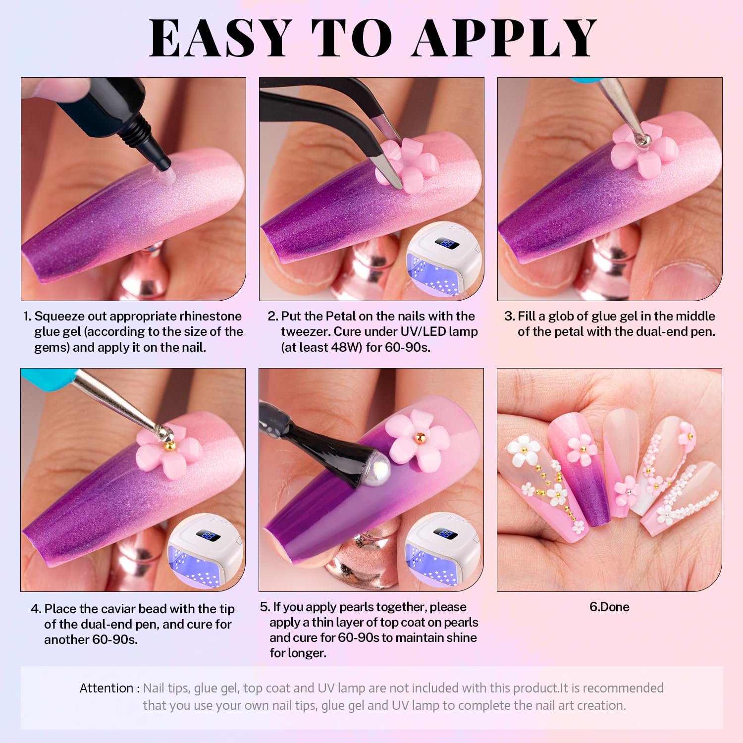 3D Nail Charms, Butterfly White Pink Flower Starry AB Gemstones Caviar Beads Half Round Pearl, Flat Back Glass Crystal AB + Transparent Clear Round Rhinestones for Nails with Pickup & Dotting Tools-Velvo Beauty