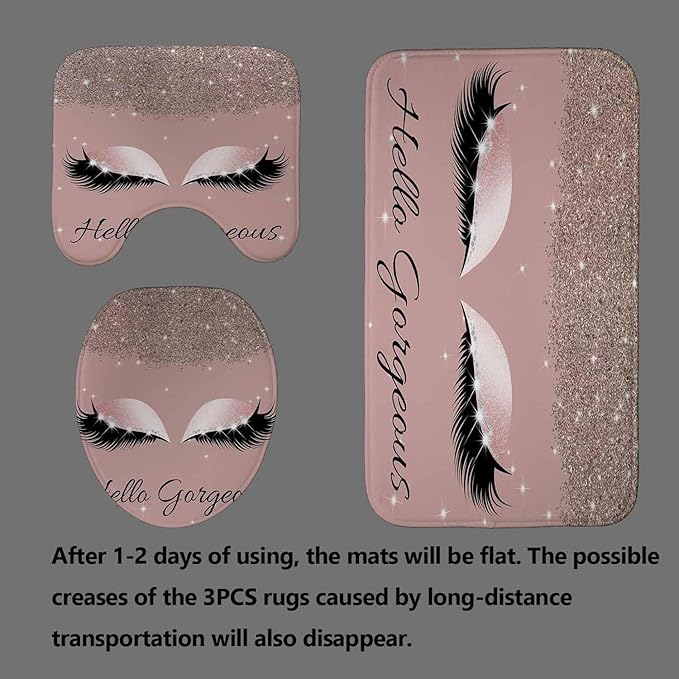 4PCS Hello Gorgeous Shower Curtain Sets with Rugs, Rose Gold Glitter Bling Glam Makeup Diamond Unicorn Eyelash Bathroom Decor, Waterproof Fabric Pink Shower Curtain Girly Gifts for Girls Women-Velvo Beauty