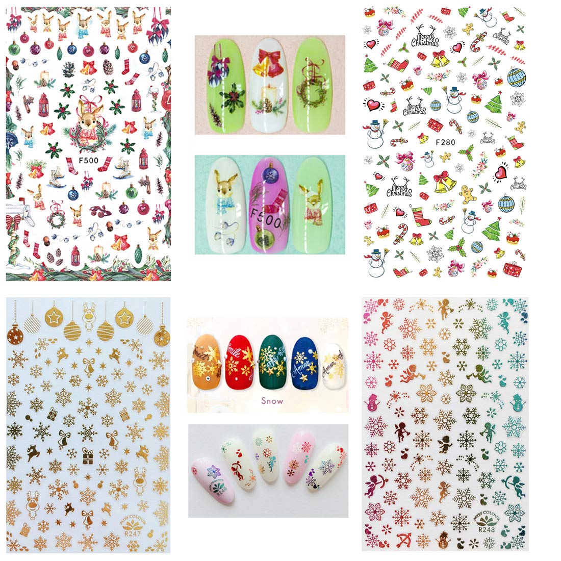 1000 Patterns Christmas nail art sticker decals, Kalolary Self-Adhesive Nail Stickers Santa Claus Snowflake Snowman Christmas Bell Tree Stick Elk for Christams Nail Decoration Gift(12 Sheets)-Velvo Beauty