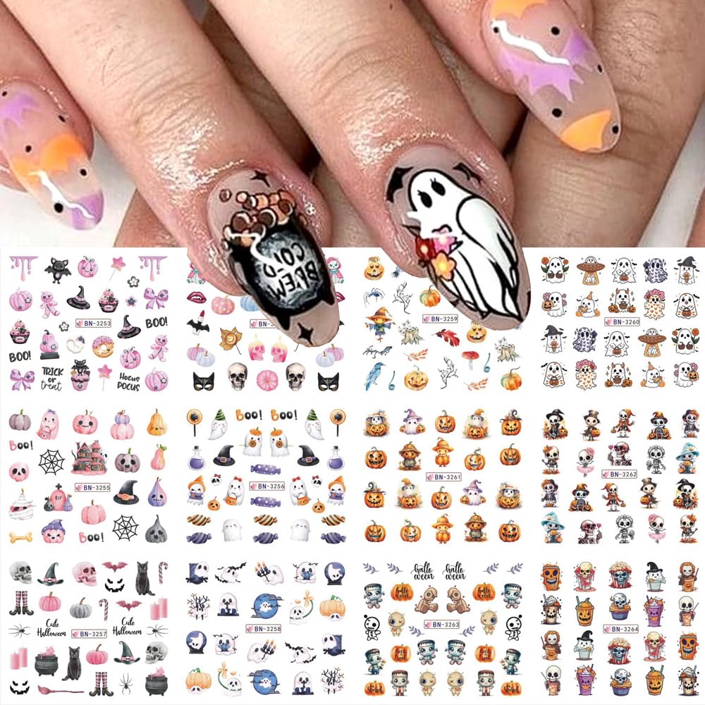 12 Sheets Halloween Nail Art Stickers Pink Pumpkin Water Transfer Nail Decals Cute Ghost Spider Skeleton Acrylic Nail Stickers for Women DIY Manicure Tips Halloween Nail Art Decorations Supplies-Velvo Beauty