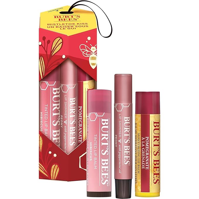 Burt's Bees Mistletoe Kiss Lip Care Stocking Stuffers Holiday Gift Set, Mistletoe Kiss Set, Pomegranate, Peony & Hibiscus-Velvo Beauty