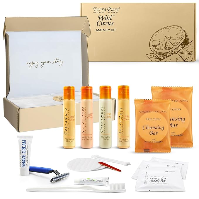 Terra Pure Amenity & Accessory Kit |1 oz Travel Size Shampoo, Conditioner, Lotion, Body Wash, 2 Cleansing Bars, Shave & Dental Sets, Make-Up Remover Wipes, & Vanity Kit | 1 set per case-Velvo Beauty