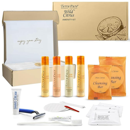 Terra Pure Amenity & Accessory Kit |1 oz Travel Size Shampoo, Conditioner, Lotion, Body Wash, 2 Cleansing Bars, Shave & Dental Sets, Make-Up Remover Wipes, & Vanity Kit | 1 set per case-Velvo Beauty