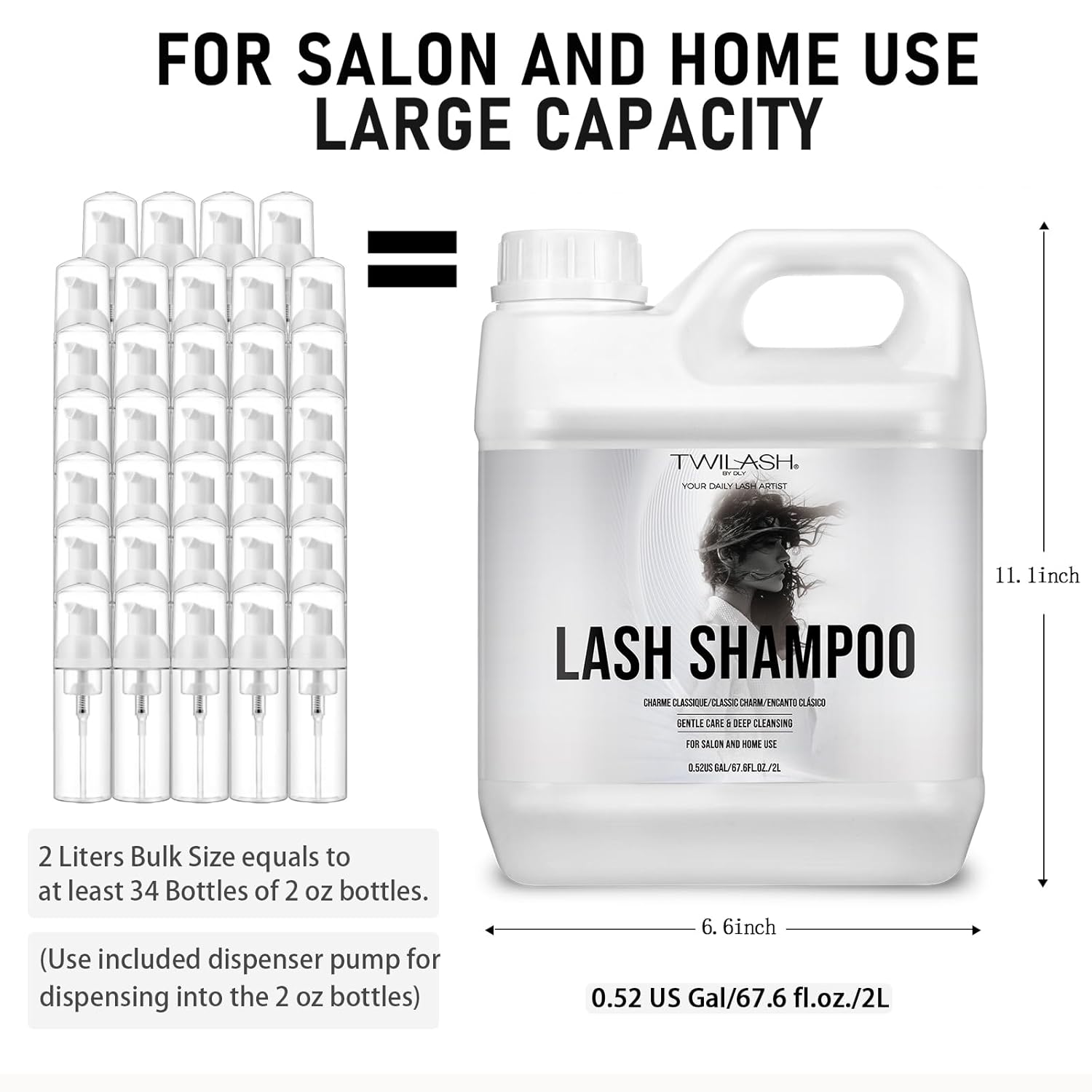 Lash Shampoo Bulk, Eyelash Cleanser for Extensions 2 Liters, Dispenser Pump, Non-irritating or Burning Eyelid Foaming Cleanser for Professional Salon and Home Use (Classic Charm-2L)-Velvo Beauty