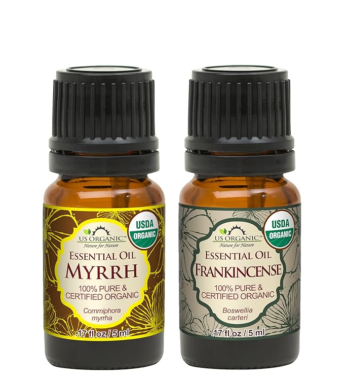 US Organic 100% Pure Myrrh, Frankincense Essential Oil Combo Pack - Directly sourced from The Horn of Africa - USDA Certified Organic - Use Topically or in Diffuser (5 ml Combo)-Velvo Beauty