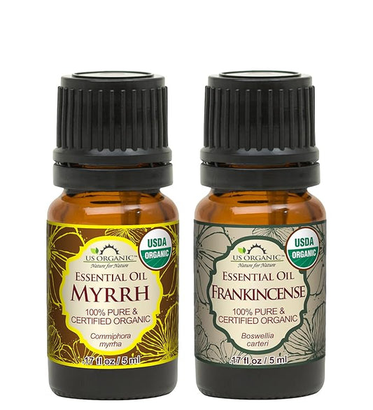 US Organic 100% Pure Myrrh, Frankincense Essential Oil Combo Pack - Directly sourced from The Horn of Africa - USDA Certified Organic - Use Topically or in Diffuser (5 ml Combo)-Velvo Beauty