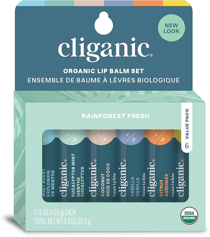 Cliganic Organic Lip Balm Set (2 Packs of 6 Tubes), 100% Natural Moisturizer for Cracked & Dry Lips-Velvo Beauty
