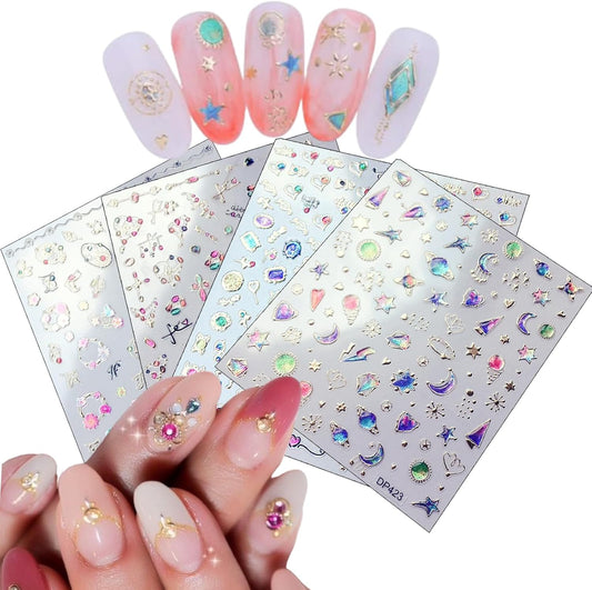 4 Sheets Star Sun Moon Nail Art Stickers 3D Holographic Self Adhesive Glitter Colorful Floral Nail Stickers Sparkly Heart Gems Design Nail Supplies for Women and Girls DIY Manicure Decoration-Velvo Beauty