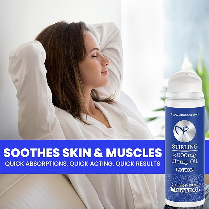 STIRLING Menthol Lotion + Hemp Oil – Maximum strength relief with cooling menthol and 100% pure hemp oil to soothe joints, relax muscles, and hydrate with aloe vera. 5 fl oz. (2000mg, Menthol)-Velvo Beauty