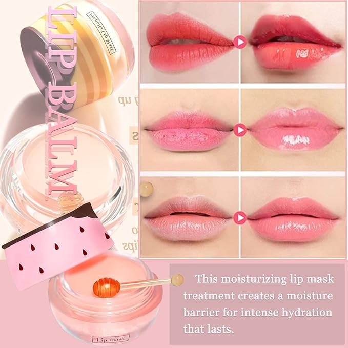 Bee Lip Balm Honey Pot, 4 PCS Strawberry & Honey Lip Masks Hydrating Prevention Dry and Cracked Lip Scrubs Exfoliator，Lip Sleep Mask Reduces Lip Lines，Lip Exfoliating Bee Lip Balm Sleeping Lip Mask-Velvo Beauty