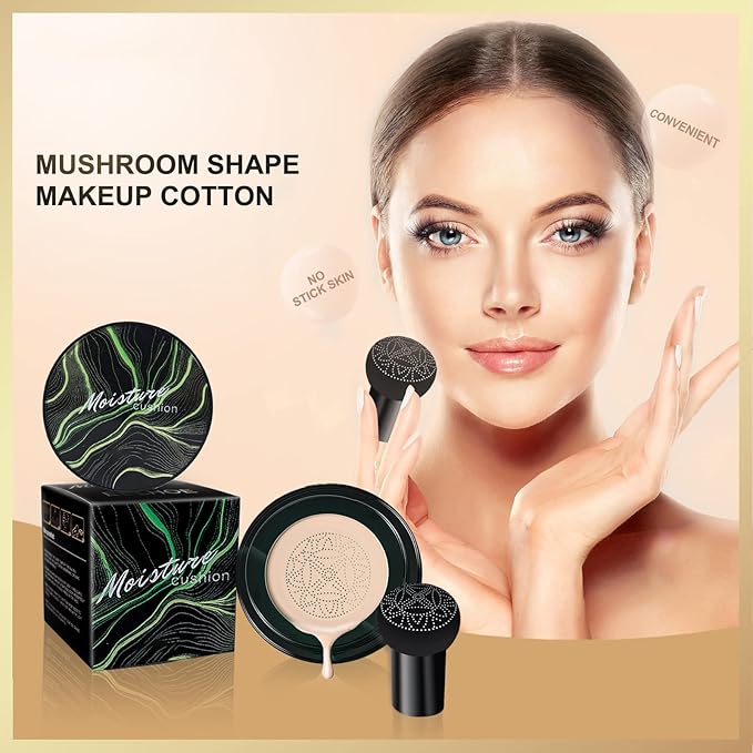 Mushroom Head Air Cushion CC Cream, Long-Lasting Brightening BB Cream Foundation With Powder Puff for Face Makeup and Mature Skin, Moisturizing Full Coverage Self Adjusting Concealer (Buff Beige)-Velvo Beauty