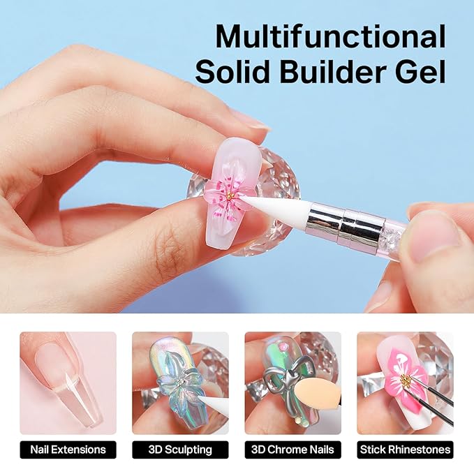 MIZHSE Solid Builder Gel for Nails, Clear 60g 3D Sculpting Gel for Nail Art Non-Sticky Molding Hard Gels UV LED Nail Charm with Gold Chrome Nail Powder and 3D Silicone Flower Mold Kit for DIY Salon-Velvo Beauty