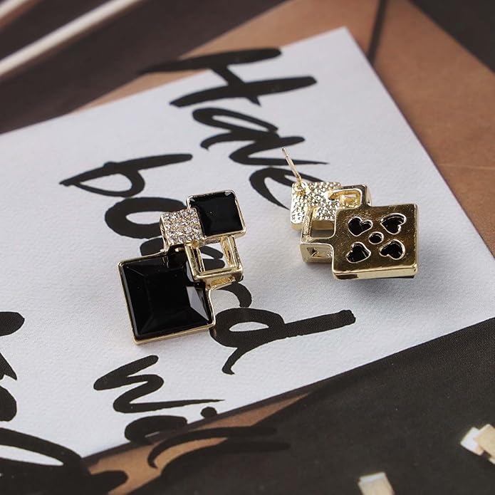 Vintage Crystal Square Drop Earrings Black Square Stud Earrings Gold Hollow Square Dangle Earrings Black Onyx Square Earrings Jewelry for Women-Velvo Beauty