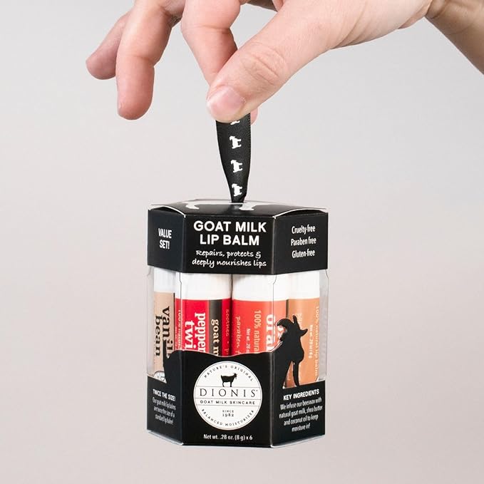 Dionis Goat Milk 6 Pc Lip Balm Ornament - Vanilla, Coconut, Milk & Honey, Berry, Peppermint & Blood Orange Scented Chapstick - Shea Butter & Coconut Oil, Protect & Restore Lips 0.28oz-Velvo Beauty