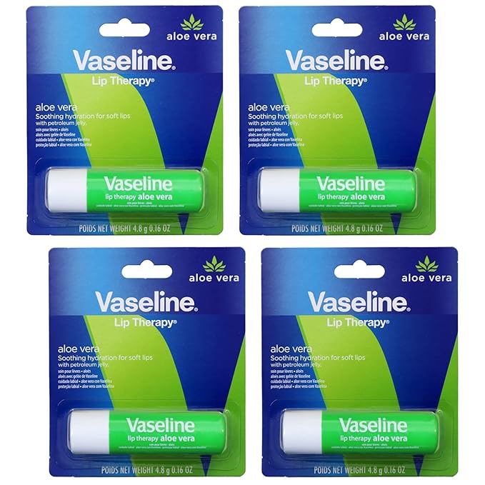 Vaseline Lip Therapy Care Aloe Fresh, Fast-Acting Nourishment, Ideal for Chapped, Dry, Cracked, or Damaged Lips, Lip Balm, 4-Pack, 0.16 Oz Each-Velvo Beauty