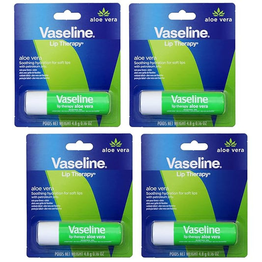 Vaseline Lip Therapy Care Aloe Fresh, Fast-Acting Nourishment, Ideal for Chapped, Dry, Cracked, or Damaged Lips, Lip Balm, 4-Pack, 0.16 Oz Each-Velvo Beauty