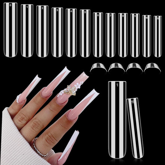 XXL Nail Tips Square 504 Pcs 12 Sizes - No C Curve Flat Square Nail Tips Clear 2XL Full Cover Tapered Gel Acrylic Fake Nails Gelly Tips for Nail Extension Nail Art-Velvo Beauty