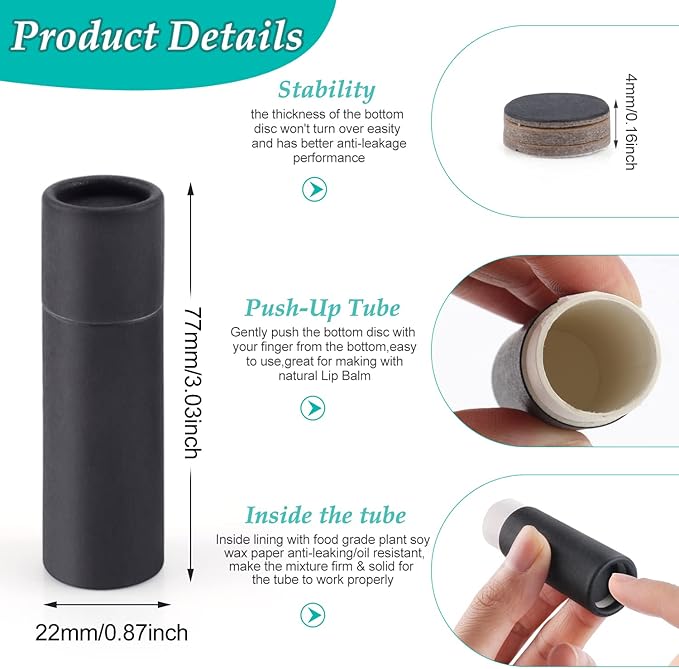 15 Pcs 0.3 oz Paperboard Lip Balm Tubes,Empty Kraft Paper Chapstick Tube Holder,Push-Up Style Biodegradable Solid Perfume Lip Gloss Container for DIY Homemade Balm Container,Natural Packaging- Black-Velvo Beauty
