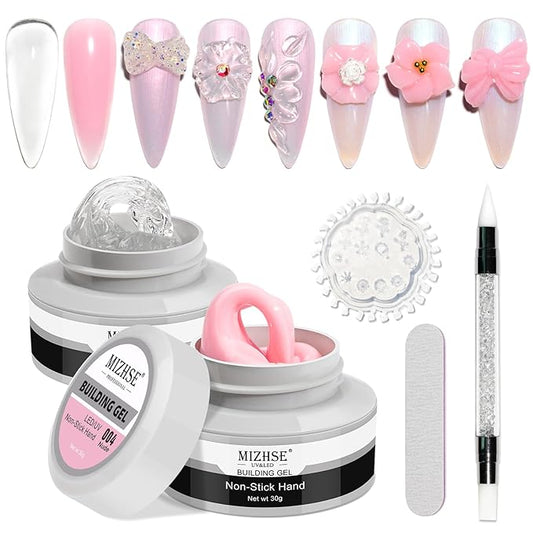 MIZHSE Non-Sticky Solid Builder Gel For Nails, 30g Clear and Pink Sculpting Building Carving Modeling Hard Gel for Nail Strengthen Nail Extension 3D Nail Art for Soak Off Manicure Kit DIY Home Gift-Velvo Beauty