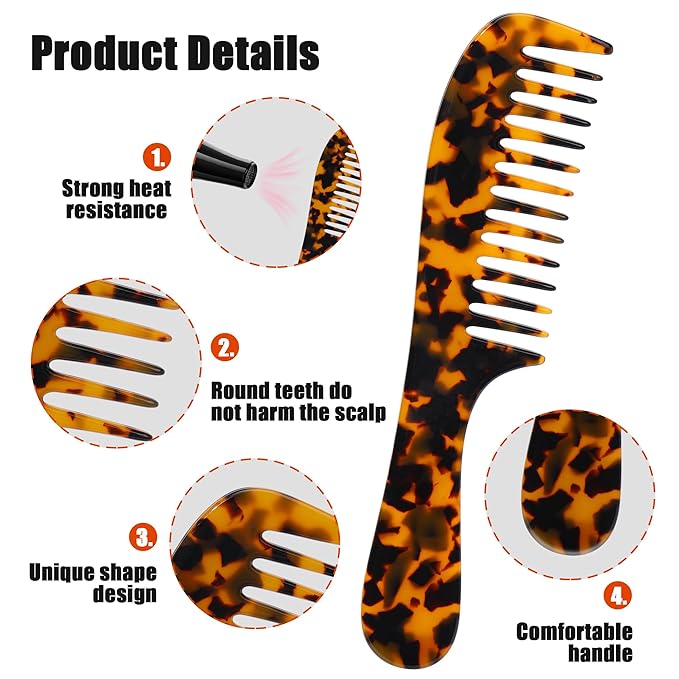 Fsmiling Wide Tooth Comb Large Detangling Comb Cellulose Detangler Comb for Women Thick Curly Wavy Wet Dry Hair 2 Pack,Tortoise shell-Velvo Beauty