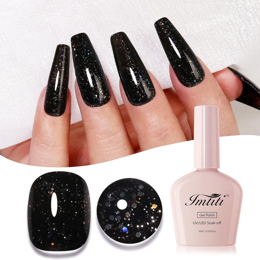 Imtiti Glitter Gel Nail Polish, Black Iridescent Glitter Gel Polish Diamond Shimmer Sparkle Soak Off UV LED Autumn Winter Manicure 10ML-Velvo Beauty