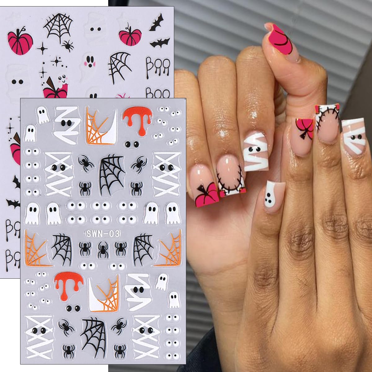 6Sheets Halloween Nail Stickers - Cute Ghost Nail Decals, 3D Self-Adhesive Pink Pumpkin Spider Web Mummy Ghost Nail Art Design Stickers for Women-Velvo Beauty