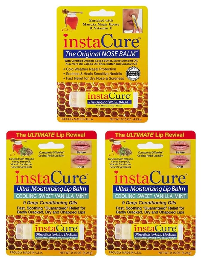 InstaCure Original Nose Balm With Raw Manuka Honey Vitamin E Shea Butter Aloe Vera Oil And Vanilla Mint Ultra-Moisturizing Max Repair/Protective Lip Balm - Fast Relief for Dry Nose & Soreness (3 Pack)-Velvo Beauty