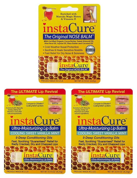 InstaCure Original Nose Balm With Raw Manuka Honey Vitamin E Shea Butter Aloe Vera Oil And Vanilla Mint Ultra-Moisturizing Max Repair/Protective Lip Balm - Fast Relief for Dry Nose & Soreness (3 Pack)-Velvo Beauty