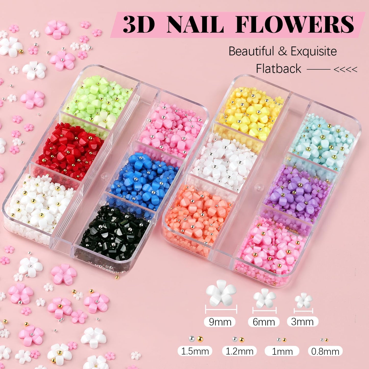 3D Flowers, Manicure Kit with Gel Glue, Colorful Acrylic Flower Nail Charms & Caviar Beads, Rhinestones & Gem Glue (UV/LED Needed) with Pickup & Dotting Tools-Velvo Beauty