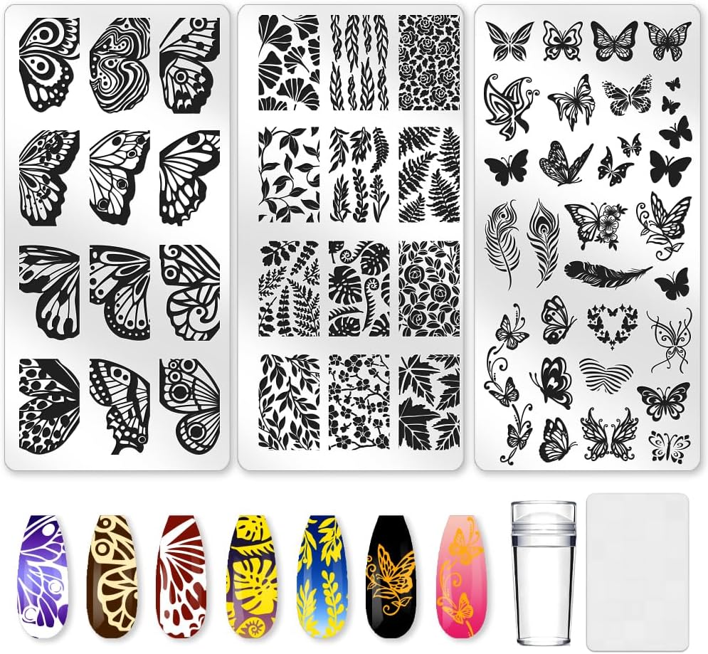 3Pcs Butterfly Nail Stamping Plate Set Floral Ginkgo Maple Leaves Stainless Steel Nail Stamp Templates Clear Silicone Nails Stamping with Stamper Scraper for Manicure Printing-Velvo Beauty