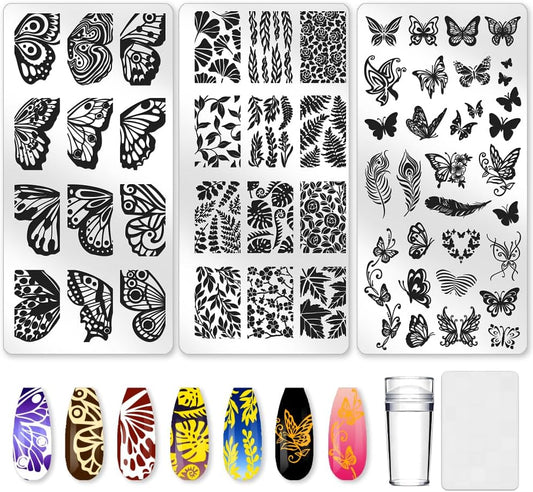 3Pcs Butterfly Nail Stamping Plate Set Floral Ginkgo Maple Leaves Stainless Steel Nail Stamp Templates Clear Silicone Nails Stamping with Stamper Scraper for Manicure Printing-Velvo Beauty