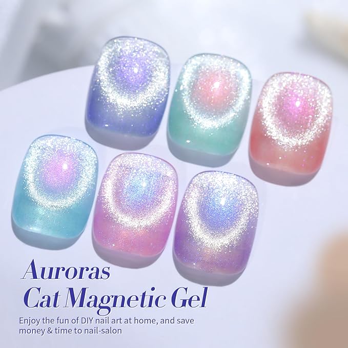 Born Pretty Auroras Cat Magnetic Eye Gel Nail Polish Set Shimmer Glitter with Magnet 9D Holographic Reflective Magnetic Nail Polish Kit Auroras Mermaid Green Blue Purple Pink Purple 6 Colors-Velvo Beauty