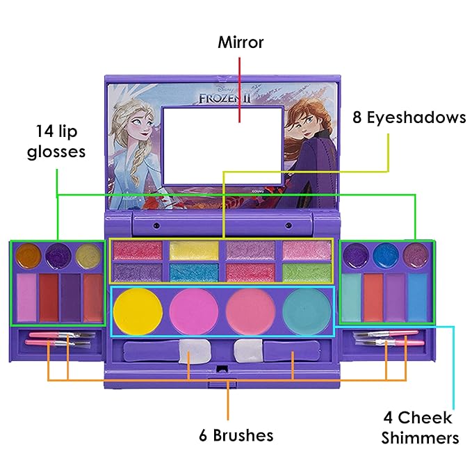 Disney Frozen Elsa Anna Cosmetic Compact Set with Mirror 22 lip glosses, 4 Body Shines, 6 Brushes Colorful Portable Foldable Washable Makeup Beauty Kit Box Set for Girls Kids Toddler-Velvo Beauty