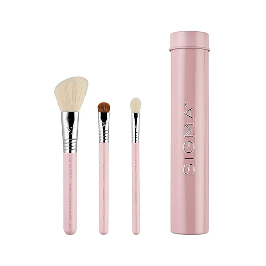 Sigma Beauty Travel Essential Trio - Makeup Brush Set for Foundation Powder Eyeshadow - 3 Tool Brushes with Brush Tin Holder - - Skin Safe, Vegan Makeup Brushes for Travel - Light Pink-Velvo Beauty