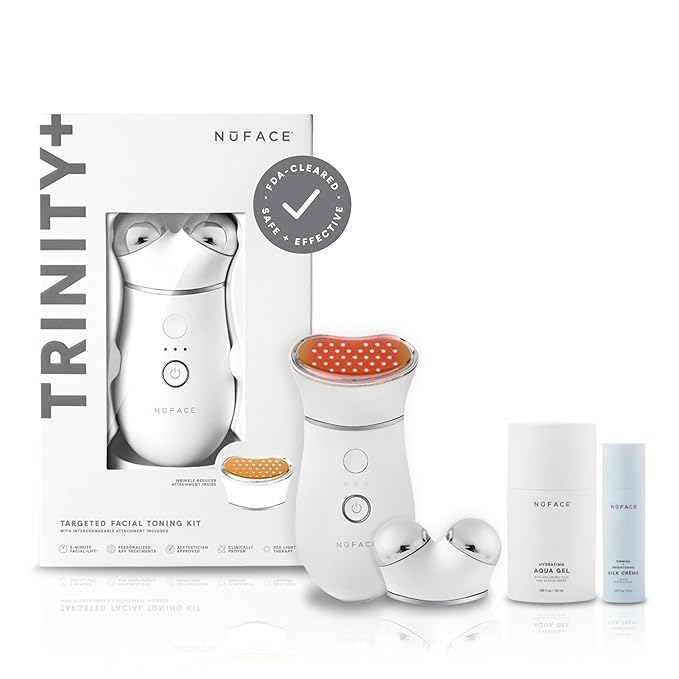 NuFACE TRINITY+ Microcurrent Facial Device + LED Red Light Wrinkle Reducer Attachment - FDA Cleared Skin Tightening Device + Microcurrent Gel Activator & Silk Creme-Velvo Beauty