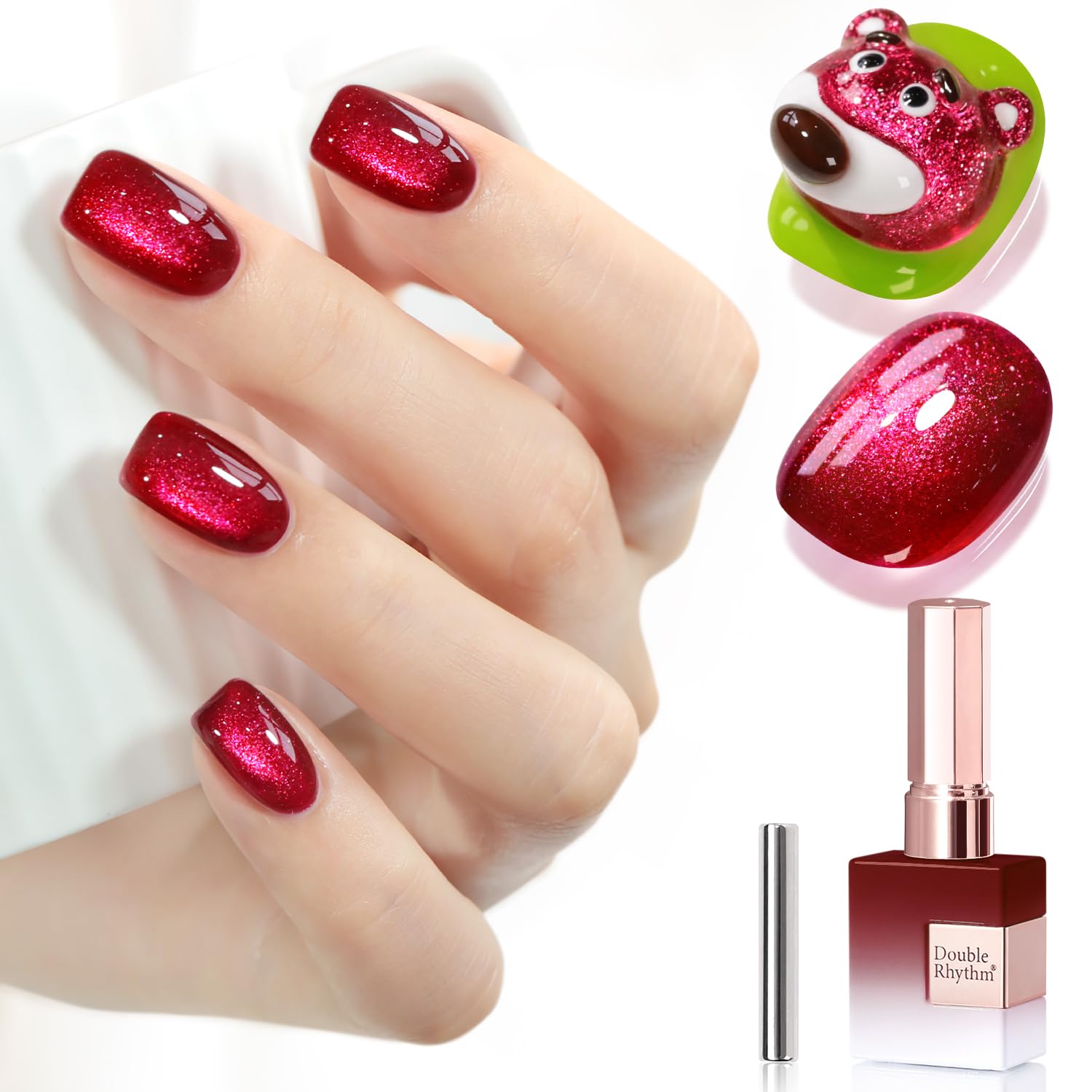 Double Rhythm 15ML Ice Glass Cat Eye Gel Polish with Magnet Holographic Glitter Shimmer Translucent Sheer Color Salon Soak Off Magnetic Nail at Home (Dark Cherry-MC1295)-Velvo Beauty