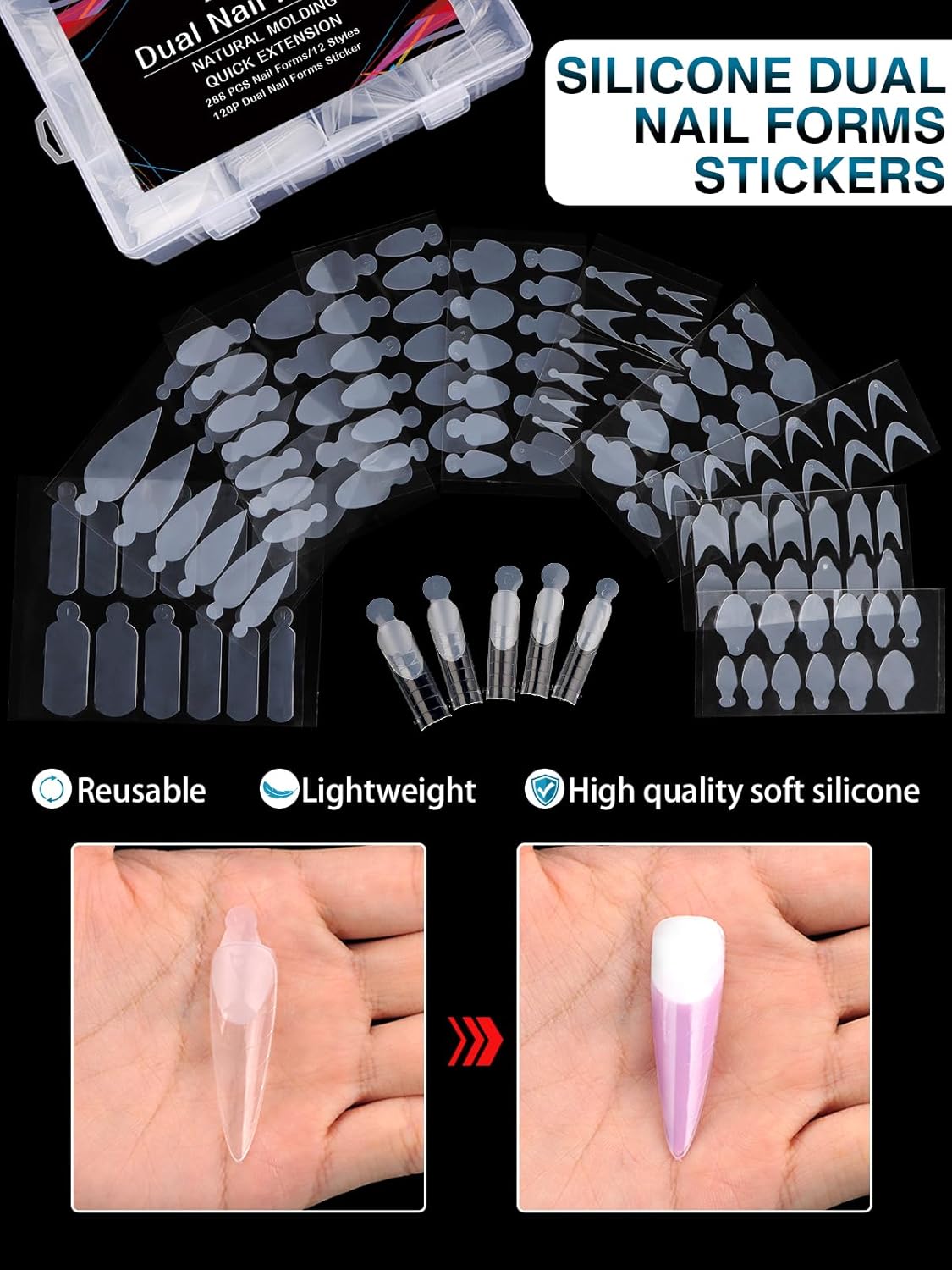 EBANKU 288PCS Nail Dual Forms for French Nails, Dual Nail Forms Molds Acrylic Nail Tips, Duet System Dual Forms Sticker Silicone Reusable Pads, 12 Styles 12 Sizes Scale for Manicure Extension, Clear-Velvo Beauty