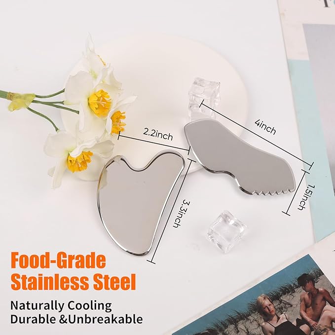 2Pcs Stainless Steel Gua Sha Facial Tools Set, Metal Face Comb Detail Skin Care Tools, Body and Face Gua Sha Sculpting for Tighten Skin Lymphatic Drainage-Velvo Beauty