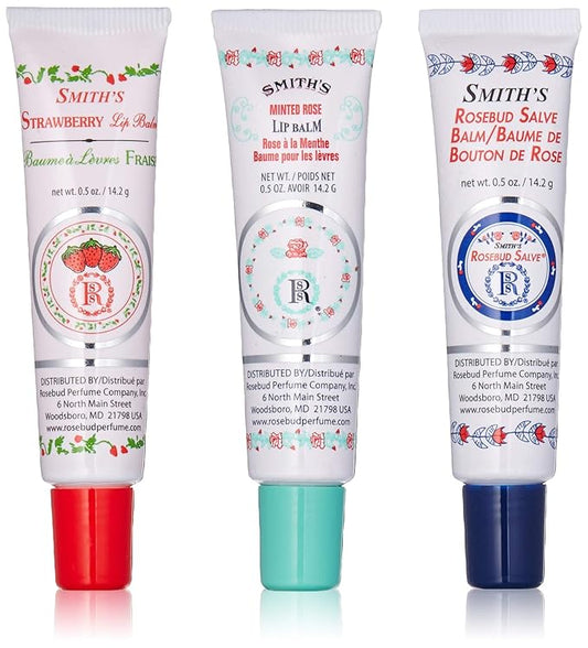 Rosebud Perfume Co. Tube 3 Pack: Smith's Rosebud Salve + Smith's Strawberry Lip Balm + Smith's Minted Rose Lip Balm-Velvo Beauty
