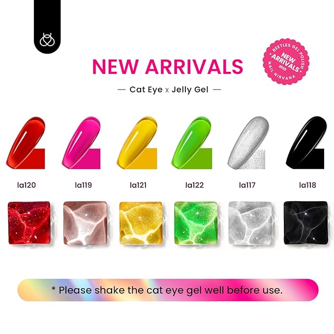 Beetles Gel Nail Polish Set, 6 Colors Silver Cat Eye Gel Polish Sheer Jelly Red Pink Yellow Green Black Neon Gel Translucent Glitter Effect with Magnet Soak Off UV Manicure Gifts for Women-Velvo Beauty