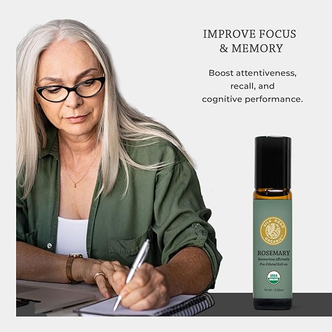 Silk Road Organic Rosemary Essential Oil & Jojoba Roll On, 100% Pure USDA Certified Aromatherapy to Improve Memory & Focus & Hair Health - 10 ml Roller-Velvo Beauty