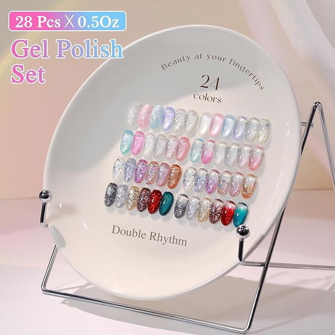 Double Rhythm 28Pcs 0.5Oz Glitter Gel Nail Polish Set Same Color Same Bottle Soak Off Gel Polish Kit Nail Art Manicure Salon DIY at Home (Sparkle Pearl Shimmer Collection-T24-9)-Velvo Beauty